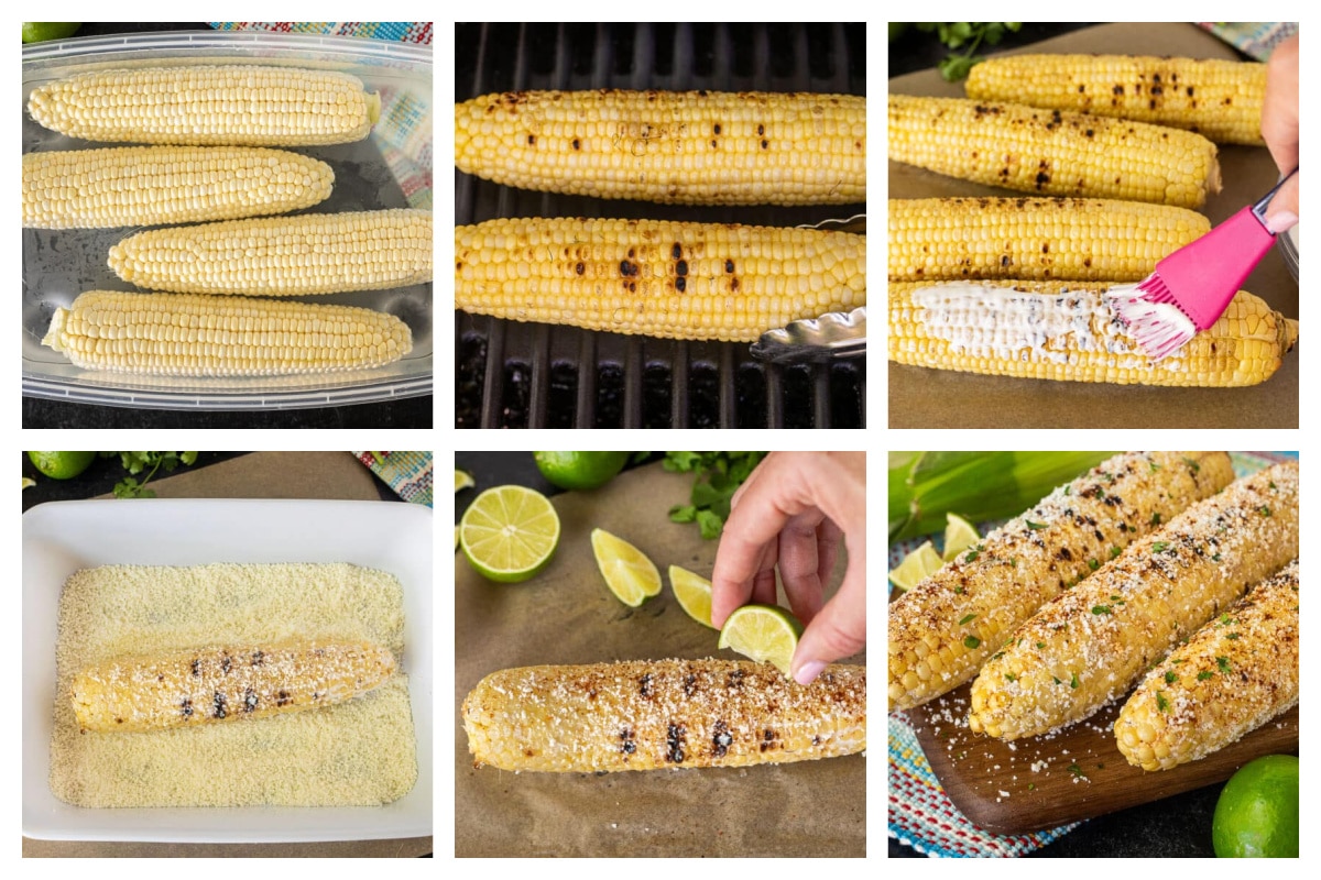 A collage of six images showing the steps to make Mexican Street Corn