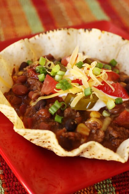 Mexican Chili in a Tostada Bowl | Favorite Family Recipes