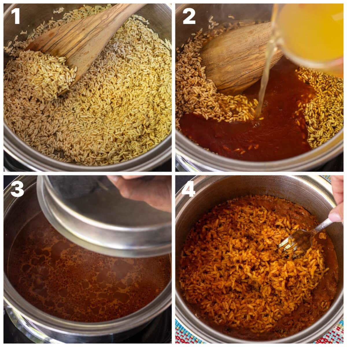 Steps for making Mexican Rice from browning the rice to fluffing the rice after it is cooked