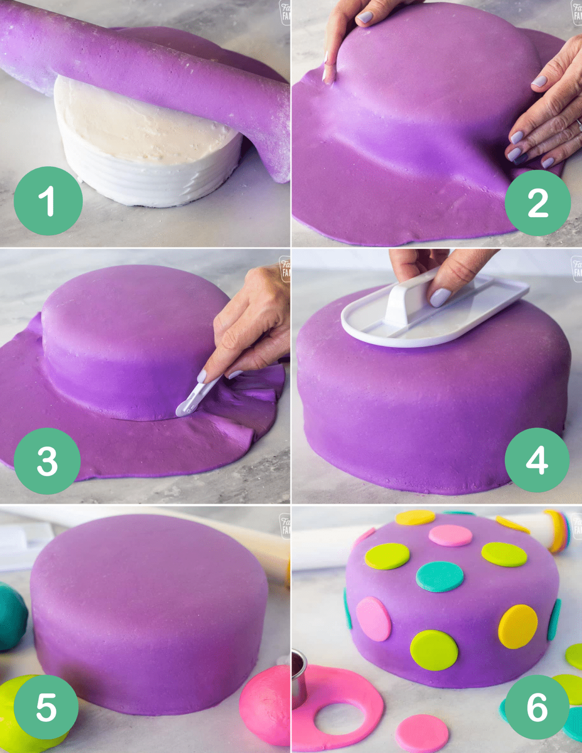 step-by-step photos showing how to cover a cake in fondant, including shaping and smoothing and adding decorations