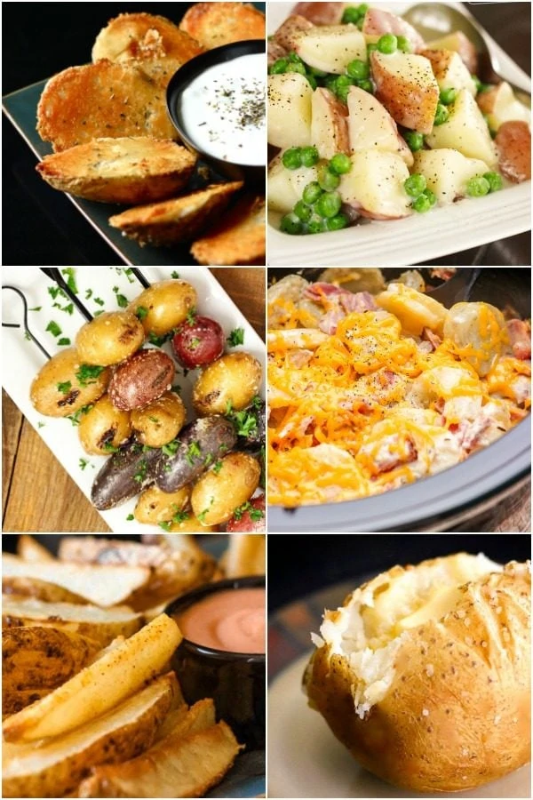 Un collage de recettes de pommes de terre, y compris des pommes de terre au four, des pommes de terre gratinées et des pommes de terre grillées