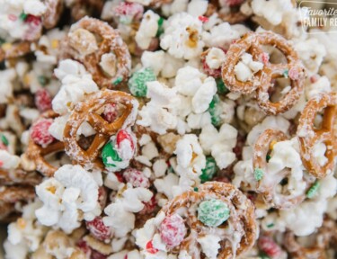 Close up Christmas crunch with pretzels, popcorn, and M&M's