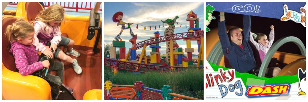 Images of the Slinky Dog Dash ride in Toy Story Land in Disney's Hollywood Studios