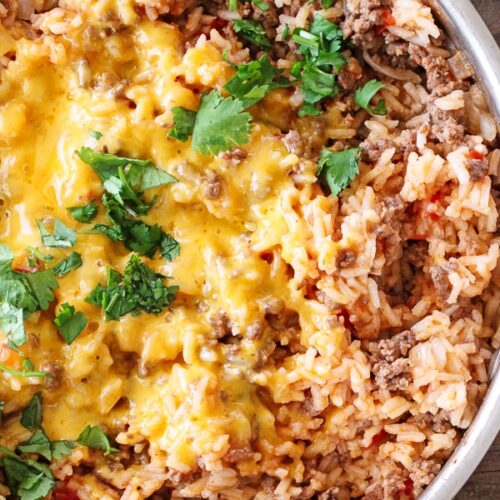 One Pot Cheesy Ham & Rice Skillet - Lightened Up!