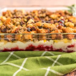 Side view of a casserole in a glass baking dish