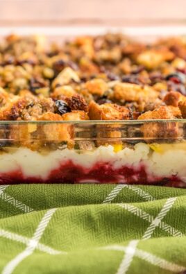 Side view of a casserole in a glass baking dish