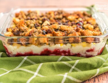 Side view of a casserole in a glass baking dish