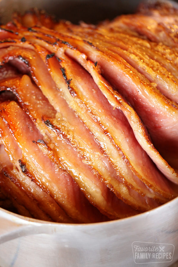 Honey baked ham in a roasting pan