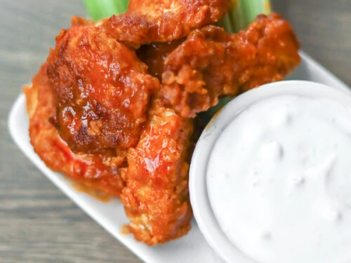 Boneless Buffalo Wings with Celery and Blue Cheese Dip