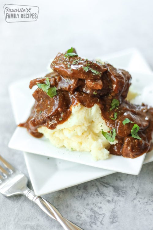 Steak and Gravy on a plate with mashed potatoes