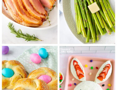 A collage of Easter recipes with spiral ham, asparagus, Easter bread and an Easter bunny cake.