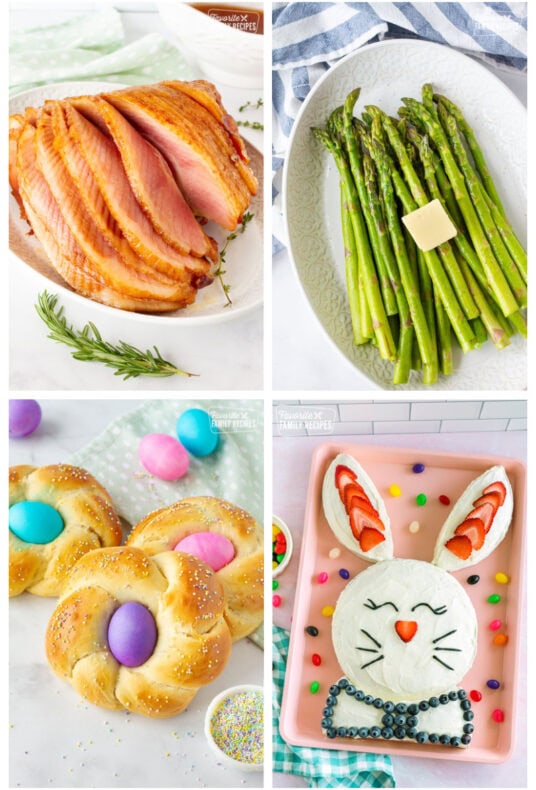 A collage of Easter recipes with spiral ham, asparagus, Easter bread and an Easter bunny cake.