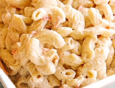 Close up of Hawaiian Macaroni Salad in a white Dish