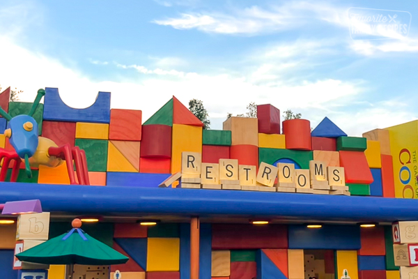 Building block restrooms at Toy Story Land.