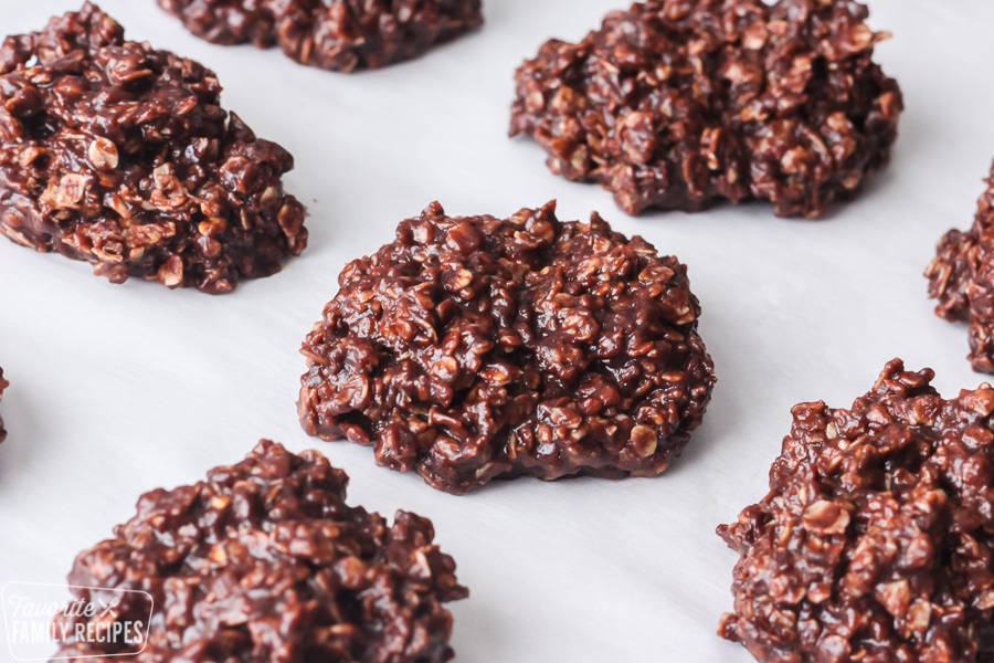 No-bake cookies on a cooling sheet