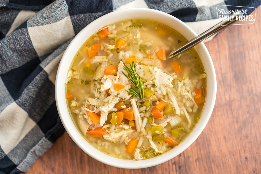 Slow Cooker Chicken and Rice Soup in a bowl.