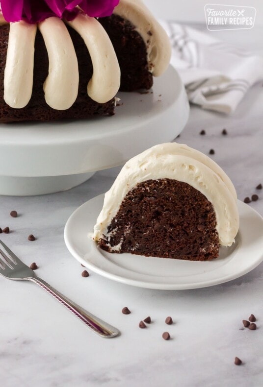 Slice of Chocolate Nothing Bundt cake on a plate.