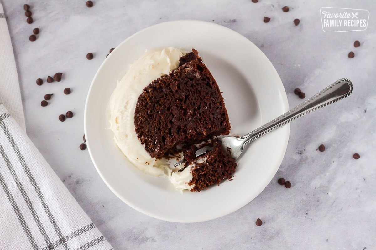 Fork with a part of the Chocolate Nothing Bundt Cake slice.