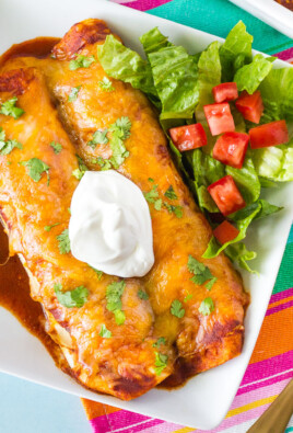 Top view of Enchiladas with Homemade Enchilada Sauce.