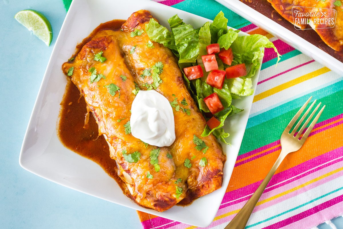 Top view of Enchiladas with Homemade Enchilada Sauce.