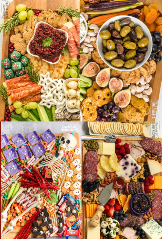 Four photos in a collage of Charcuterie Board Ideas