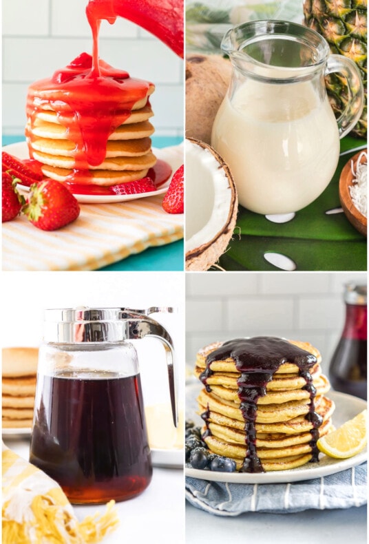 Syrup Recipes including strawberry syrup, coconut syrup, maple syrup, and blueberry syrup