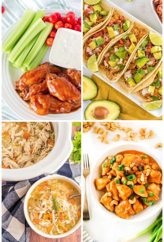 Collage of Crockpot Chicken recipes including hot wings, tacos, chicken and rice soup, and cashew chicken