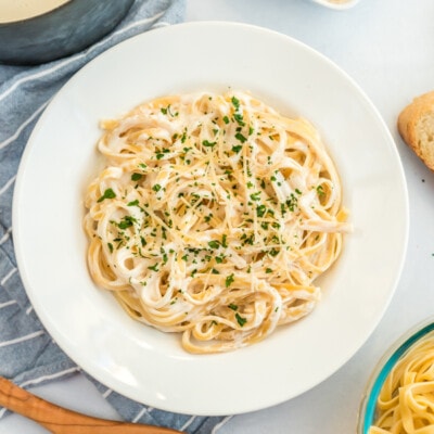 A plate of Fettuccine Alfredo with homemade Alfredo sauce