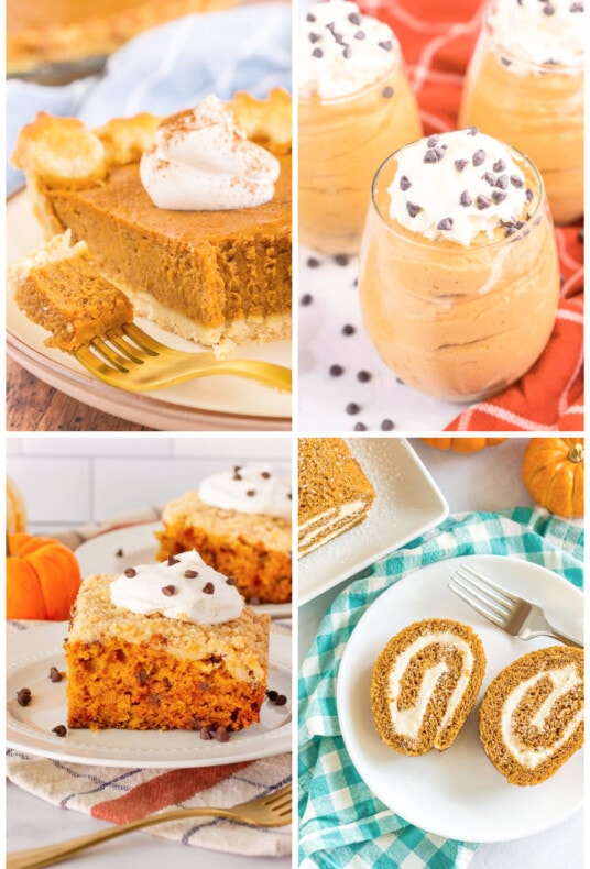 Collage of Pumpkin desserts including pumpkin pie, pumpkin mousse, pumpkin cake, and a pumpkin roll