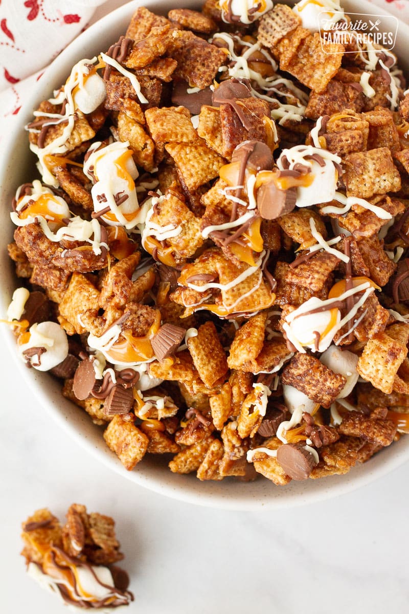 Sweet Chex Mix Recipe - chocolate, peanut butter, and caramel