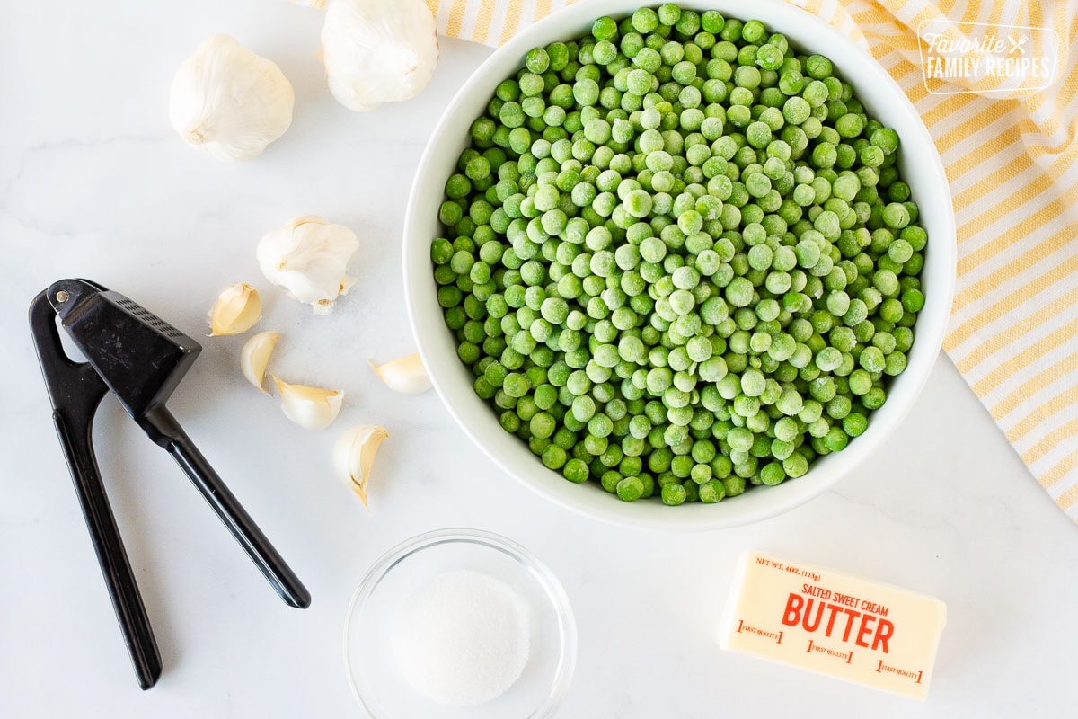 Frozen Peas, garlic, butter and sugar ingredients to learn How to Cook Frozen Peas.