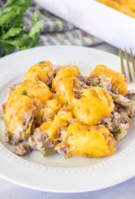 Plate of Tater Tot Casserole with a fork.