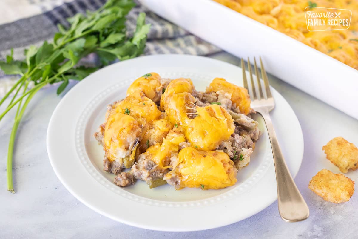 Plate of Tater Tot Casserole with a fork.