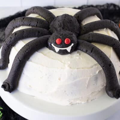 Spider Cake on a Cake stand with fang smile and Red Hot eyes.