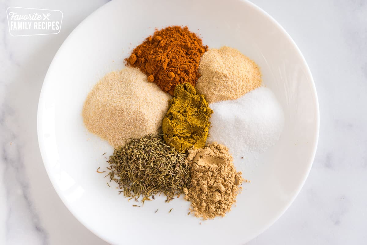 A bunch of different spices on a plate.