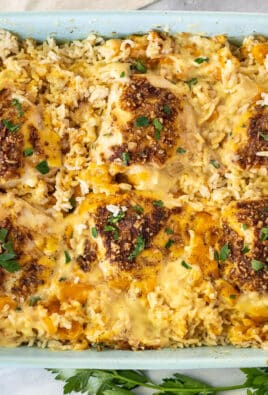 Casserole dish with Cheesy Chicken and Rice Casserole.