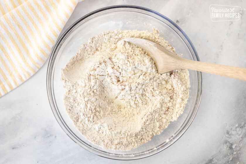 Bowl of dry ingredients for Pumpkin Cream Cheese Muffins.