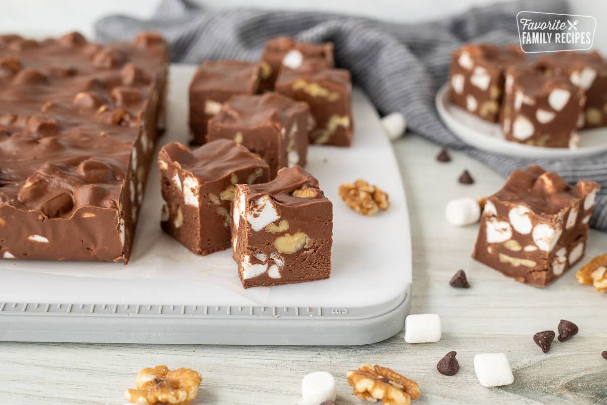 Cut pieces of Marshmallow Rocky Road Fudge.