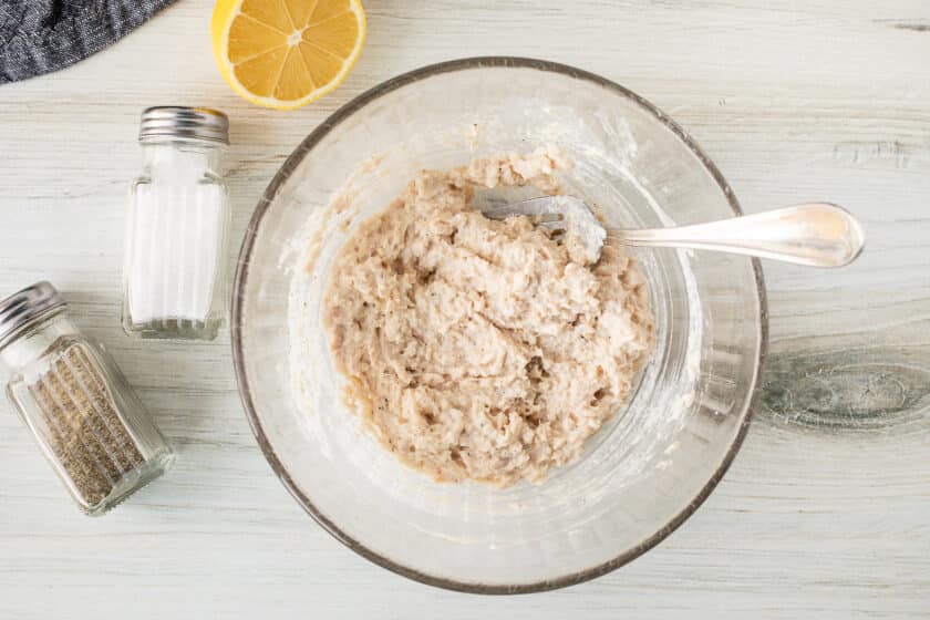 Bowl with mixed albacore tuna mixture.