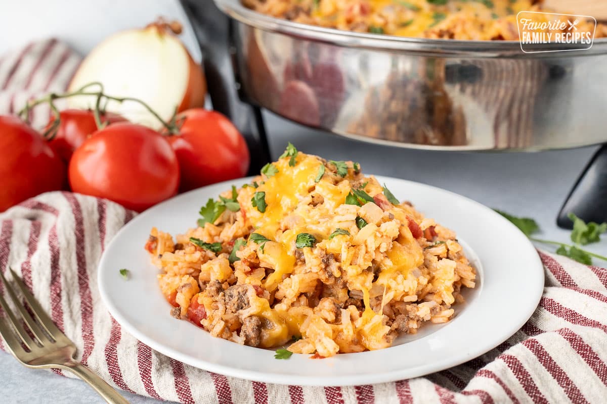 Serving plate of Spanish Rice with Ground Beef. 