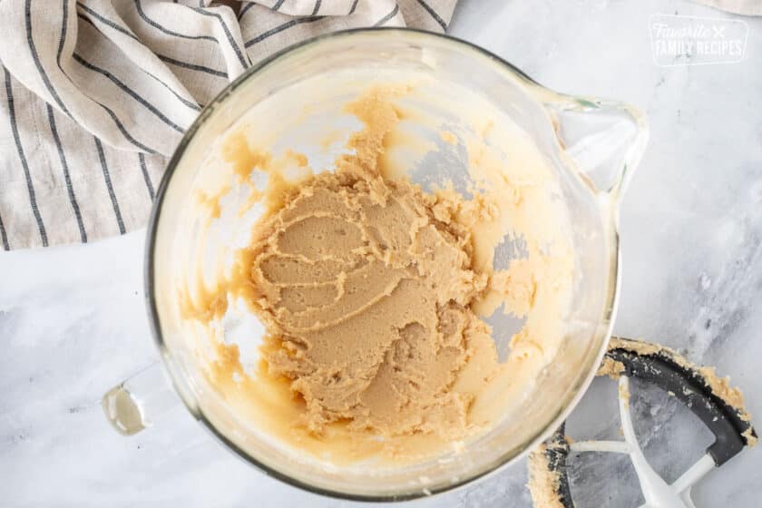 Mixing bowl with creamed butter and sugars.