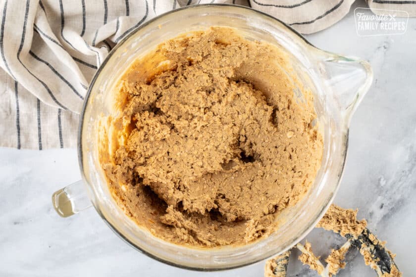 Mixing bowl with Oatmeal Cream Pie cookie dough.