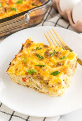 A slice of breakfast casserole on a plate