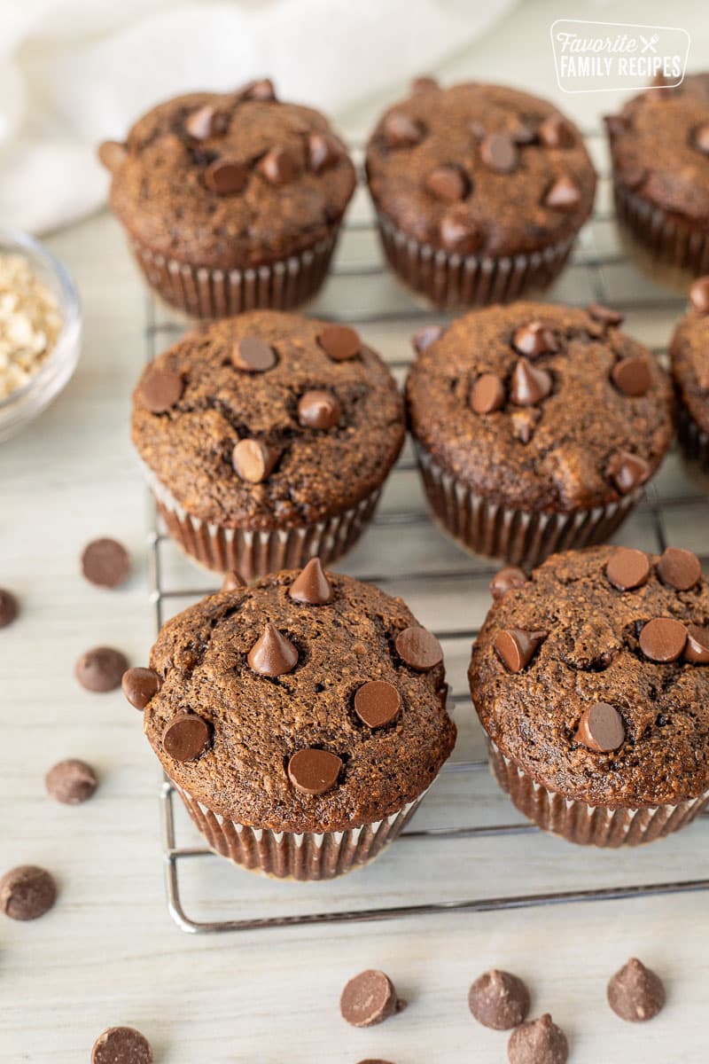 Healthy Chocolate Chip Muffins cooling on a wire rack.