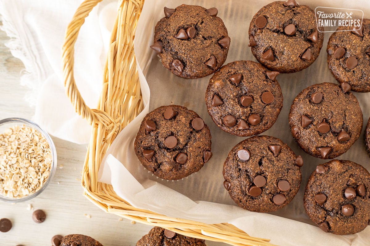 Healthy Chocolate Chip Muffins in a basket lined with parchment paper.