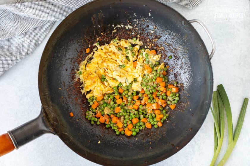 Vegetables and cooked egg in a wok.