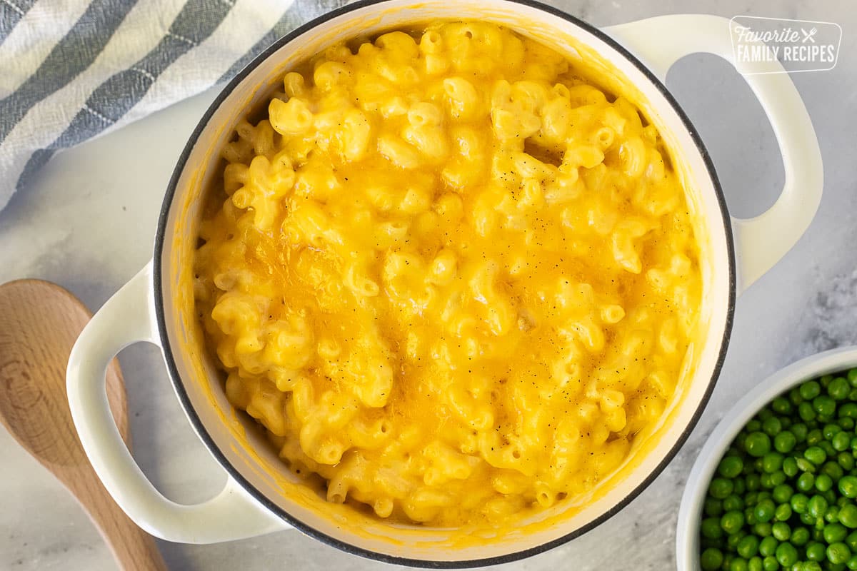 Baled homemade Mac and cheese in a dutch oven.