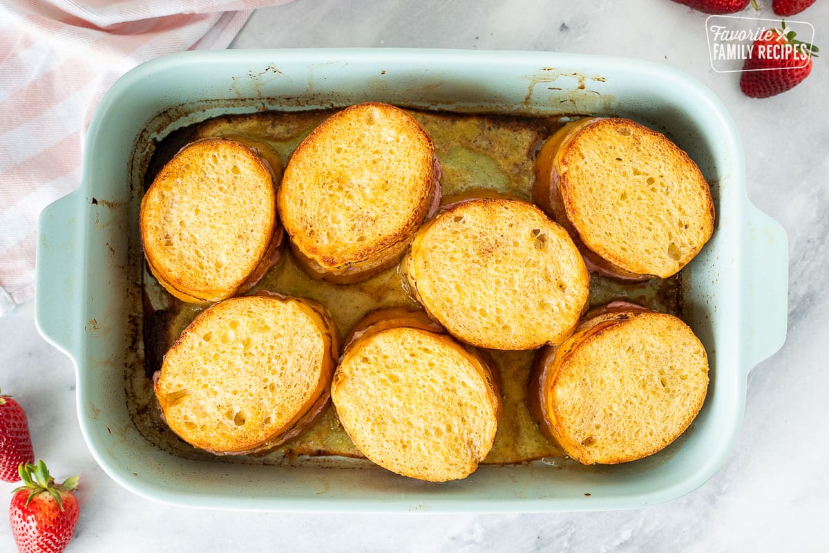 Pan of baked Strawberry French Toast.