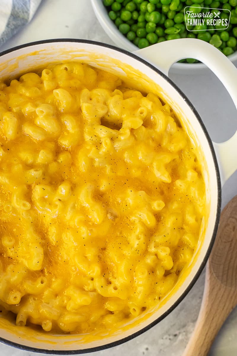 Melted cheese on top of homemade Mac and cheese in dutch oven.