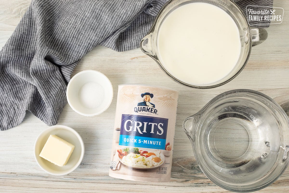 Ingredients for how to make Grits including milk, water, Grits, salt and butter.